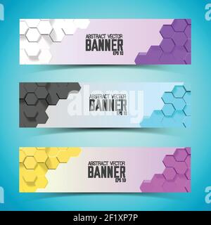 Set of horizontal abstract banners with colorful compositions from 3d hexagons in corners isolated vector illustration Stock Vector