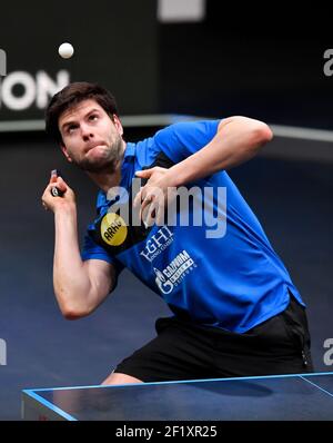Doha, Qatar. 9th Mar, 2021. Dimitrij Ovtcharov of Germany serves during the men's singles round of 32 match against Ahmed Saleh of Egypt at WTT Star Contender Doha 2021 in Doha, Qatar, on March 9, 2021. Credit: Nikku/Xinhua/Alamy Live News Stock Photo