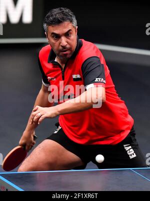 Doha, Qatar. 9th Mar, 2021. Ahmed Saleh of Egypt competes during the men's singles round of 32 match against Dimitrij Ovtcharov of Germany at WTT Star Contender Doha 2021 in Doha, Qatar, on March 9, 2021. Credit: Nikku/Xinhua/Alamy Live News Stock Photo