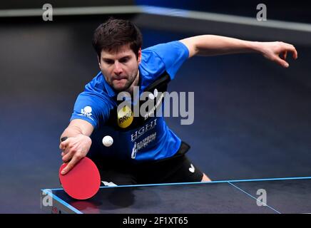 Doha, Qatar. 9th Mar, 2021. Dimitrij Ovtcharov of Germany competes during the men's singles round of 32 match against Ahmed Saleh of Egypt at WTT Star Contender Doha 2021 in Doha, Qatar, on March 9, 2021. Credit: Nikku/Xinhua/Alamy Live News Stock Photo
