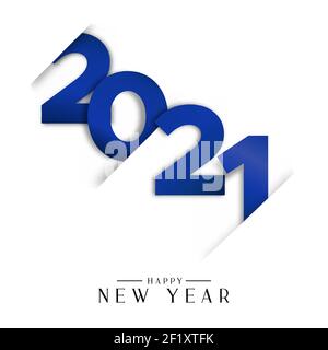 Happy New Year 2021 greeting card illustration. Blue calendar number sign and festive text quote with paper cut effect. Stock Vector