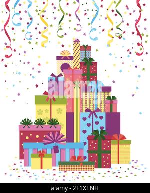 Wrapped presents or gift boxes stack. Pile of gifts wrapped in colorful paper and tied with ribbons. Christmas, New Year Stock Vector