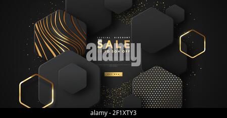 Special sale discount web template illustration, luxury 3d geometric shape background with gold abstract shapes. Modern technology business promotion, Stock Vector