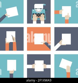Set of icons hands holding piece of paper. Vector illustration Stock Vector