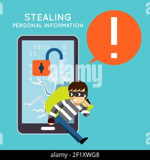 Stealing personal information from your mobile phone. Protection and  hacker, crime theft, privacy smartphone, vector illustration Stock Vector