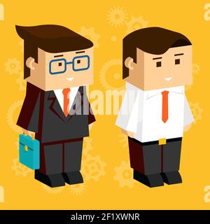 Square businessmen. 3D characters for business infographics, dressed in business suits on the orange background Stock Vector