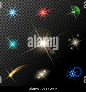 vector glowing lights, stars and sparkles on transparent background Stock Vector