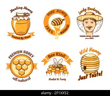 Honey labels and beekeeping logo. Food sweet, insect and cell, honeycomb and beeswax, comb and wax. Vector illustration Stock Vector