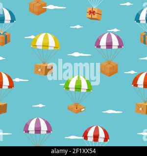 Delivery seamless background with gift boxes on parachutes. Delivery Service of Gifts. Vector illustration Stock Vector