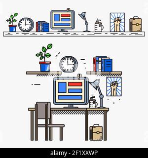 Creative designer workspace in thin line flat style. Business workplace, work and desk, desktop and table, monitor screen and book, vector illustratio Stock Vector