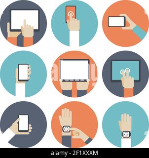 Devices in hand, using touch screen. Smart watch, ebook and monitor, touchpad and gadget, smartphone and tablet. Vector illustration Stock Vector