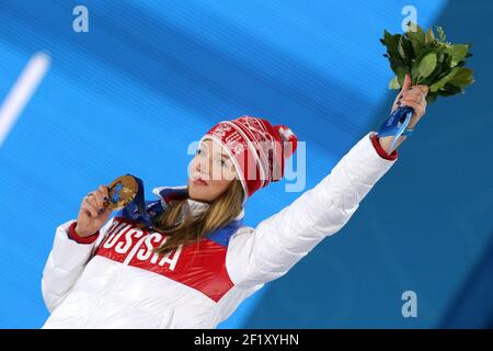 Snowboard Ladies' Parallel Giant Slalom Podium, Alena Zavarzina from Russia, bronze medal, at the place medals during the XXII Winter Olympic Games Sotchi 2014, day 12, on February 19, 2014 in Sochi, Russia. Photo Pool KMSP / DPPI Stock Photo