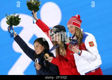 Snowboard Ladies' Parallel Giant Slalom Podium, Tomoka Takeuchi from Japan, silver medal, Patrizia Kummer from Switzerland, gold medal and Alena Zavarzina from Russia, bronze medal, at the place medals during the XXII Winter Olympic Games Sotchi 2014, day 12, on February 19, 2014 in Sochi, Russia. Photo Pool KMSP / DPPI Stock Photo