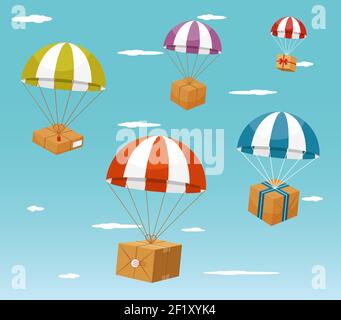 Delivery Concept - Colorful Parachute Carrying Gift Boxes on Light Blue Sky Background. Stock Vector