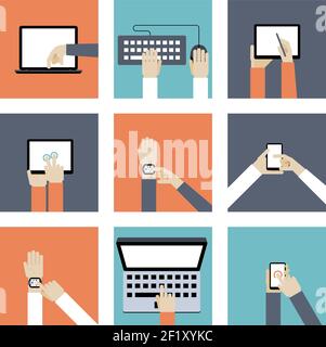 Colored Hands Holding Digital Devices such as Laptop  Mobile Phones  Tablets and Keyboard  in Flat Style Graphic Designs. Stock Vector