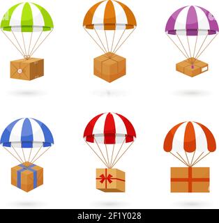Set of Colored Parachute Carrying Brown Boxes for Delivery  Isolated on White Background. Stock Vector