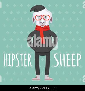 Cartooned Hipster Sheep in Flat Style Graphic Design on Light Green Background with Pattern Design Stock Vector