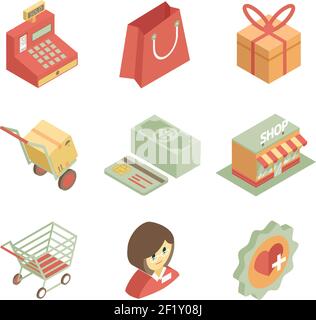 Colorful isometric shopping icons for store or supermarket on the white background Stock Vector