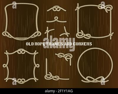 Set of Old Rope Frames and Corners in Different Unique Styles on Abstract Brown Background. Stock Vector