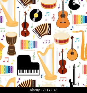 Musical instruments seamless background pattern with colored vector icons depicting drums  mandolin  guitar  keyboard  harp  saxophone  xylophone  vin Stock Vector