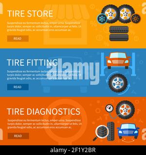 Vector banners set of tire service. Auto repair, car element and station of diagnostics illustration Stock Vector
