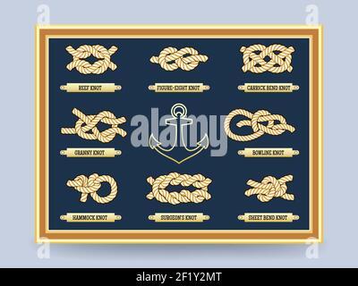 Nautical rope knots on the board in  frame. Bowline knot and the figure eight. Vector illustration Stock Vector