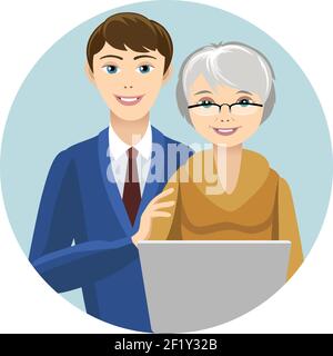 Grandson teaches grandmother working on laptop. Round frame. Vector illustration Stock Vector