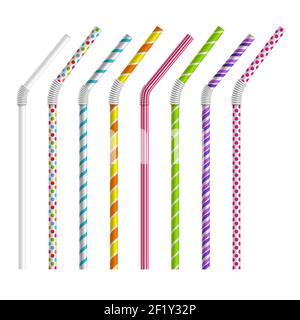 Color drinking straws vector set. Tube and pipe, object colorful, stripe and bend illustration Stock Vector