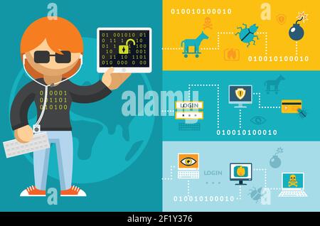 Colored Cartoon Computer Hacker with Accessories Icons Stock Vector