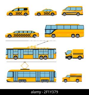 City public transport icons flat set. Urban vehicles. Train and bus, tram and car, vector illustration Stock Vector