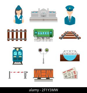 Vector set of railroad icons in flat style. Bridge and gate, ticket and railway station, driver and conductor, platform transportation illustration Stock Vector
