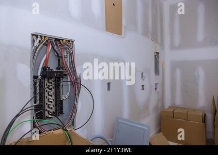 Close up circuit breakers and wire in control panel Stock Photo