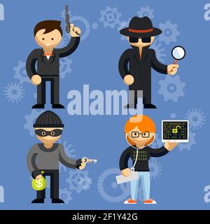 Set of colored cartoon vector characters involved in criminal activities with a man wielding a handgun  burglar  detective and hacker Stock Vector