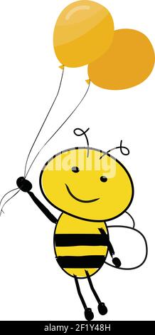 Cartoon cute bee smiling and holding balloons. Flying away happy. Stock Vector