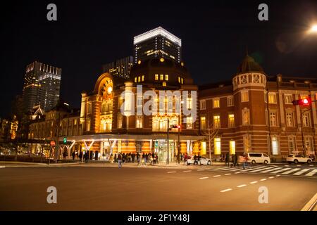 Tokyo, Japan - Jan 03, 2018 : View of the building Tokyo Station in Tokyo Japan at night. This is main station of train system in Tokyo with the skysc Stock Photo