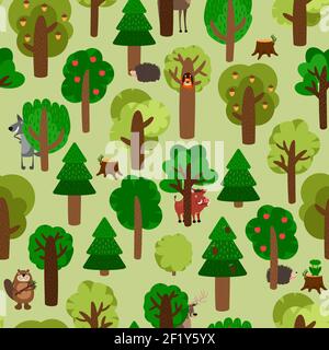 Seamless pattern of green trees with animals. Hedgehog, wild boar, squirrel, wolf, beaver and deer. Vector illustration Stock Vector