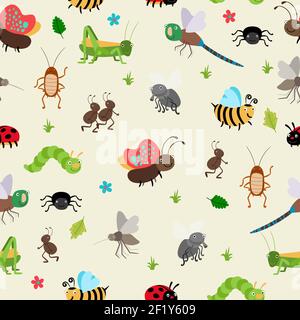 Seamless background bugs and beetles, ant and caterpillar, grasshopper. Vector illustration Stock Vector