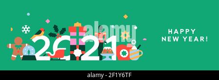 Happy New Year 2021 web banner illustration. Abstract flat cartoon holiday decoration in modern geometric shape style. Includes toy soldier, gift, san Stock Vector