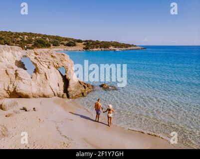 Tropical beach of Voulisma beach, Istron, Crete, Greece, couple on vacation in Greece Stock Photo