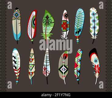 12 feathers painted with colorful ethnic pattern  with animal symbols or geometric shapes  concept of primitive art and natural creativity  on grey ba Stock Vector