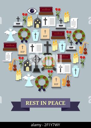 Rest in peace sign. Round symbol consisting of the elements on the theme of the funeral and burial ceremony. Vector illustration Stock Vector