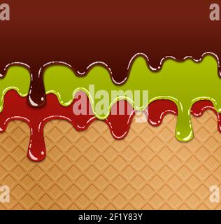 Flowing berry jam, green jelly and chocolate on waffle ice cream texture seamless pattern. Confectionary yummy, multicolored fresh breakfast, vector i Stock Vector