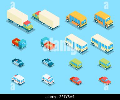 Isometric city transport 3d vector icons set. Transportation car, auto and automobile, van and police illustration Stock Vector