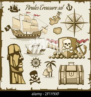 Pirate objects vector set. Cannon and symbol skull, sea ship illustration Stock Vector