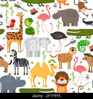 Jungle animals seamless pattern. Crocodile and wild safari, monkey and snake, lizard and camel, rhinoceros and hippopotamus, vector illustration Stock Vector