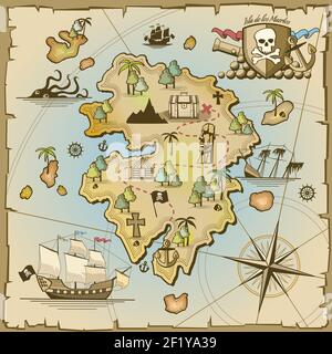 Pirate treasure island vector map. Sea ship, adventure ocean, skull and paper, navigation art and cannon illustration Stock Vector