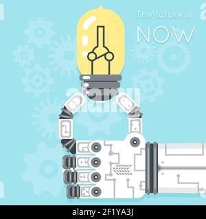 Future is now. Robot hand holding light bulb. Electricity creativity, equipment innovation, vector illustration Stock Vector