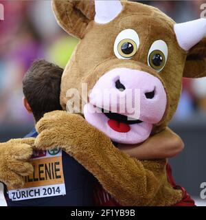 Pole Vault men, Cooly the mascot congratulates Renaud Lavillenie (Fra) during the day five of the European Athletics Championships 2014 at Letzigrund Stadium in Zurich, Switzerland, on August 16, 2014. Photo Philippe Millereau / KMSP / DPPI Stock Photo