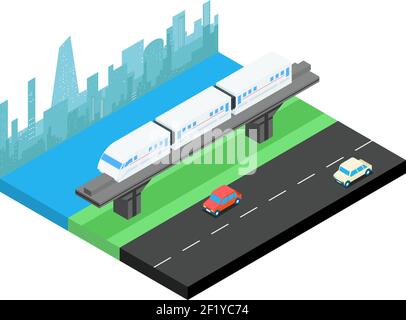 Sky train and city skyline isometric. Railway transportation, railroad ...