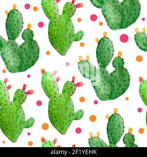 Watercolor hand drawn seamless pattern of tropical mexican cactus cacti succulents. Green natural house plants in pots botanical illsutration print interior design decoration for wallpaper textile Stock Photo